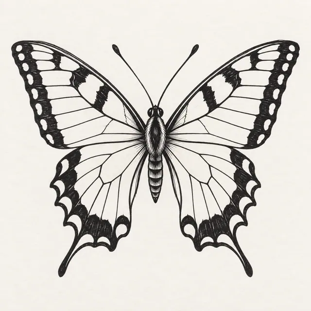 A black marker butterfly with open patterned wings, centered on pale drawing paper.
