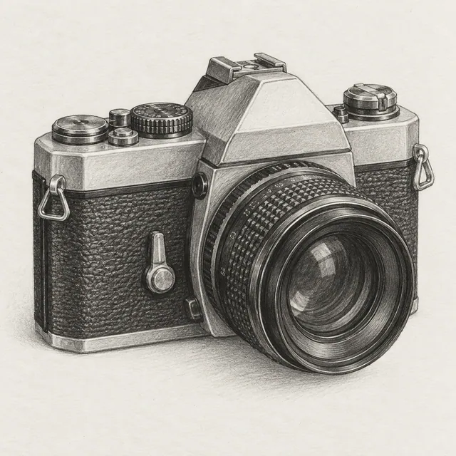 A detailed graphite sketch of a vintage film camera in three-quarter view with a circular lens.