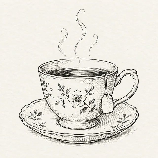 A graphite teacup on a saucer with curls of steam and a tea bag hanging over the rim.