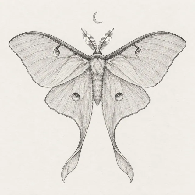 A graphite luna moth with delicate wing veins, long tails, and a crescent moon above.