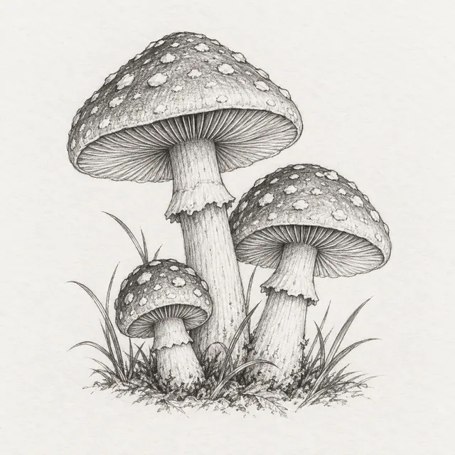 Three pencil-drawn woodland mushrooms with spotted caps, slender stems, and a few blades of grass.